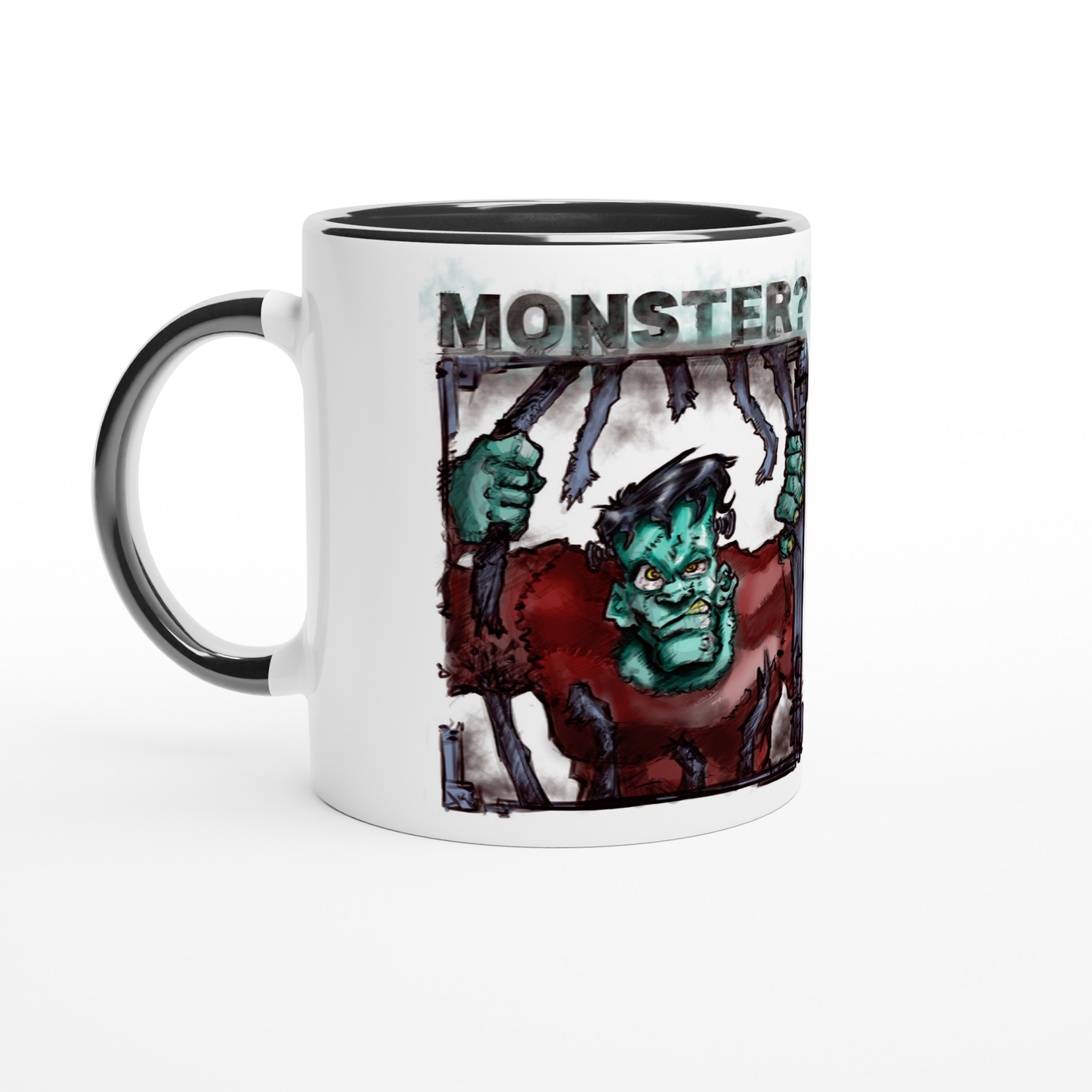 White 11oz Ceramic Mug with Color Inside | "Monsters" Series | Frankenstein! - Matou Canaille