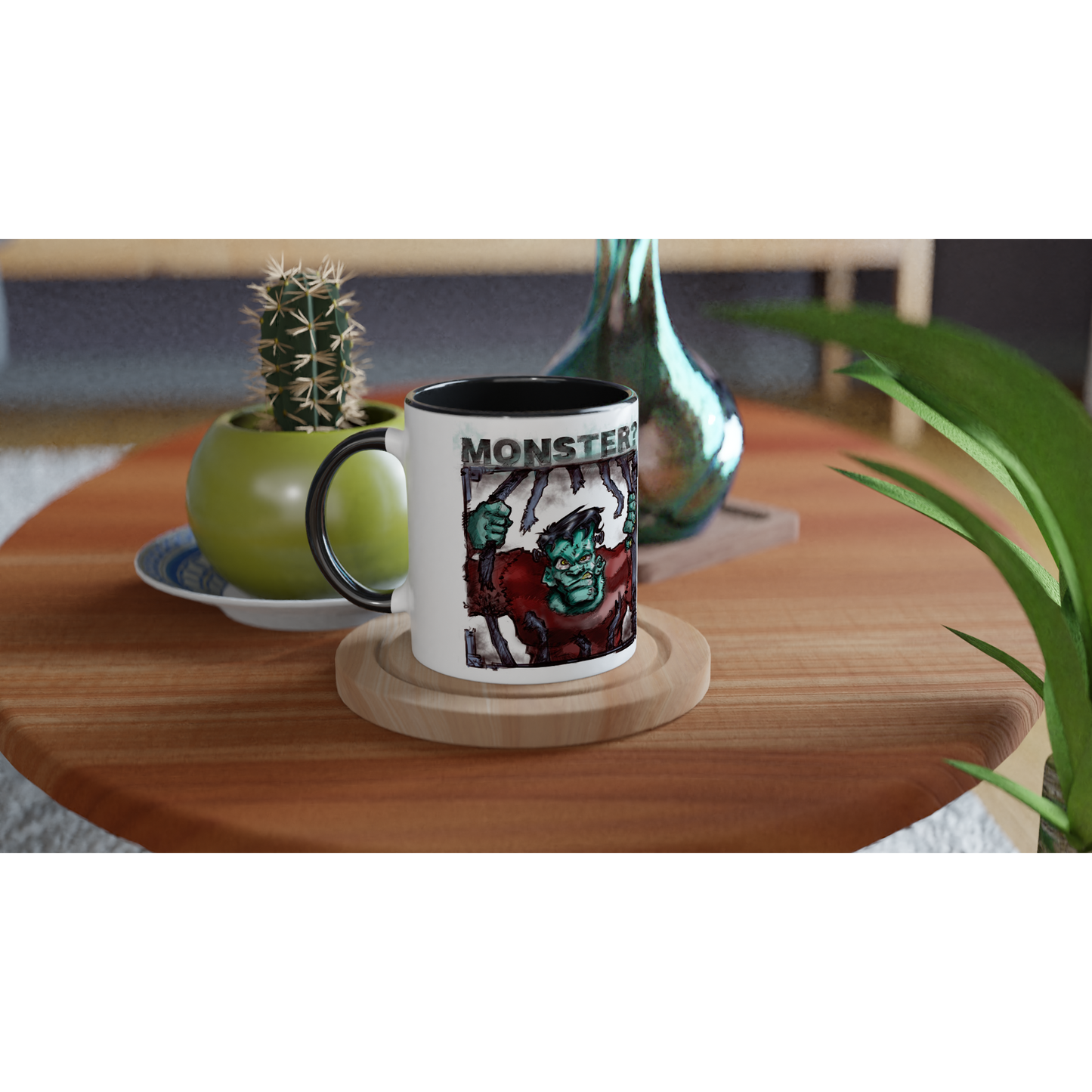 White 11oz Ceramic Mug with Color Inside | "Monsters" Series | Frankenstein! - Matou Canaille